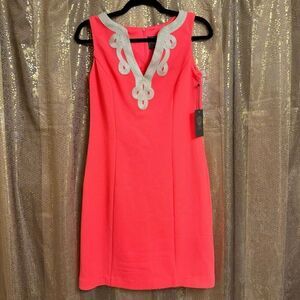Vince Camuto Neon Pink Coral Gold Embroidered Summer Mini Dress Size 4 NWT